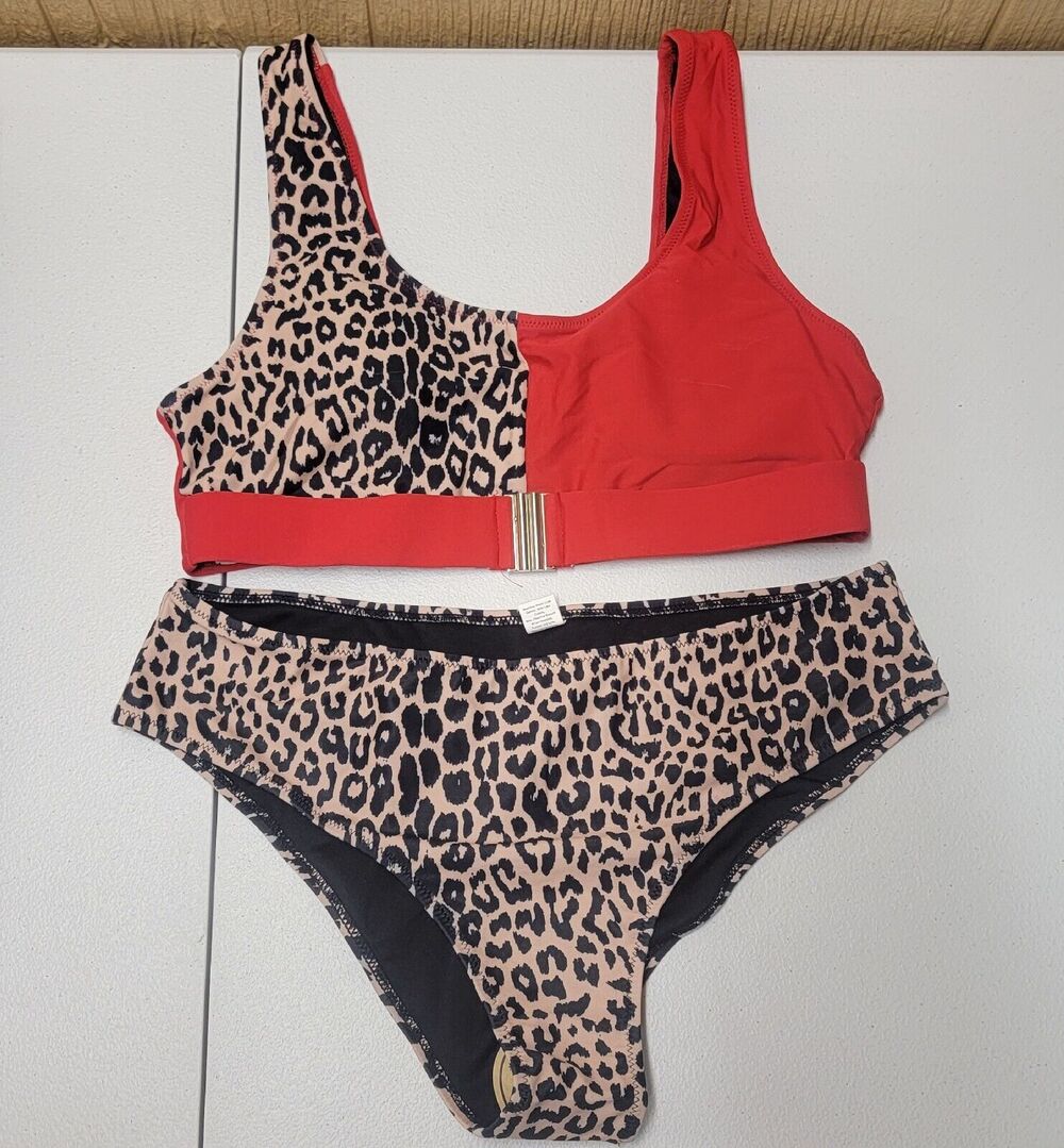 2 Piece Leopard Print & Red Bikini sz Lg NWOT Sports Bra Fit
